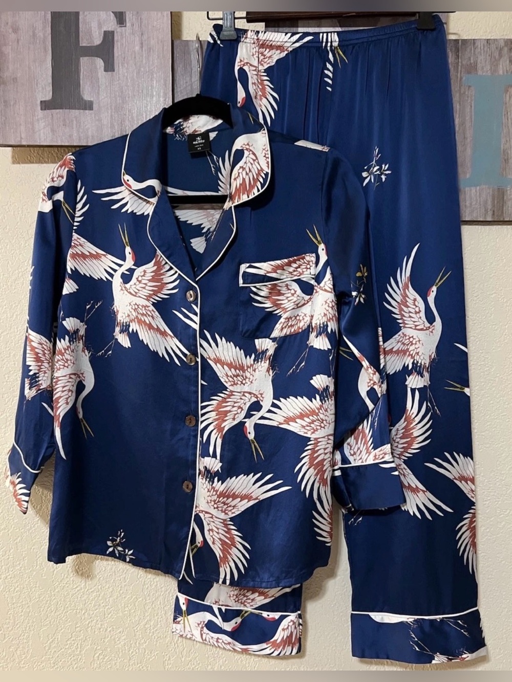 Silk Silky Blue Crane Long Sleeve Pajama Set, size XS